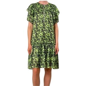 Brigitte Herskind Carlson Dress Camoflauge Puff Sleeves Ruffles Women's Size 42